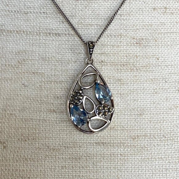 Sterling Silver 925 SLC Blue Topaz Marcasite Teardrop Pendant Necklace 18" Chain - Picture 7 of 16